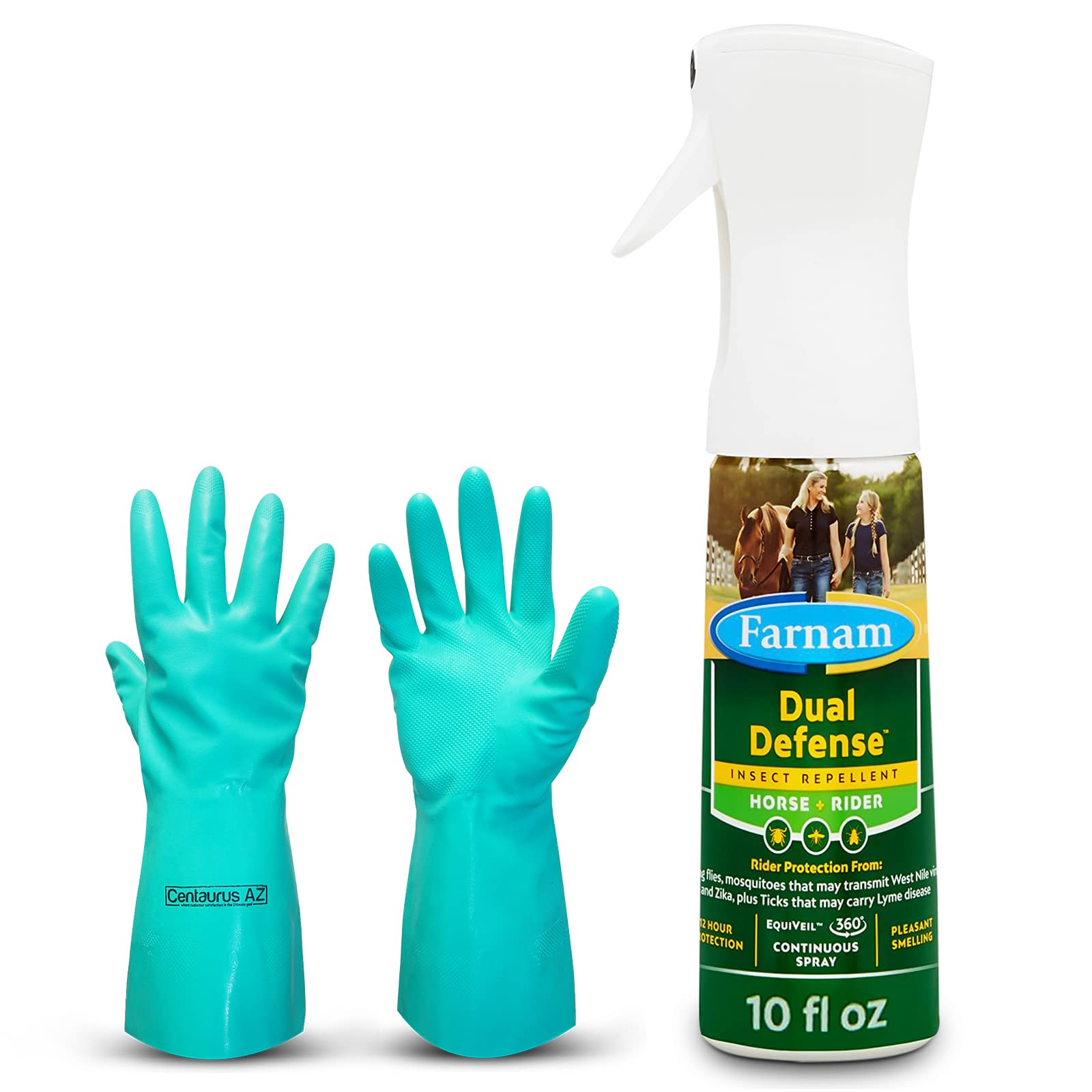 Farnam Dual Defense Insect Repellent-12 Hour Fly Protection for Horses- Long Lasting Mosquito Protection- Effective Fly Control for Horses-Available with Premium Quality Centaurus AZ Gloves-10oz