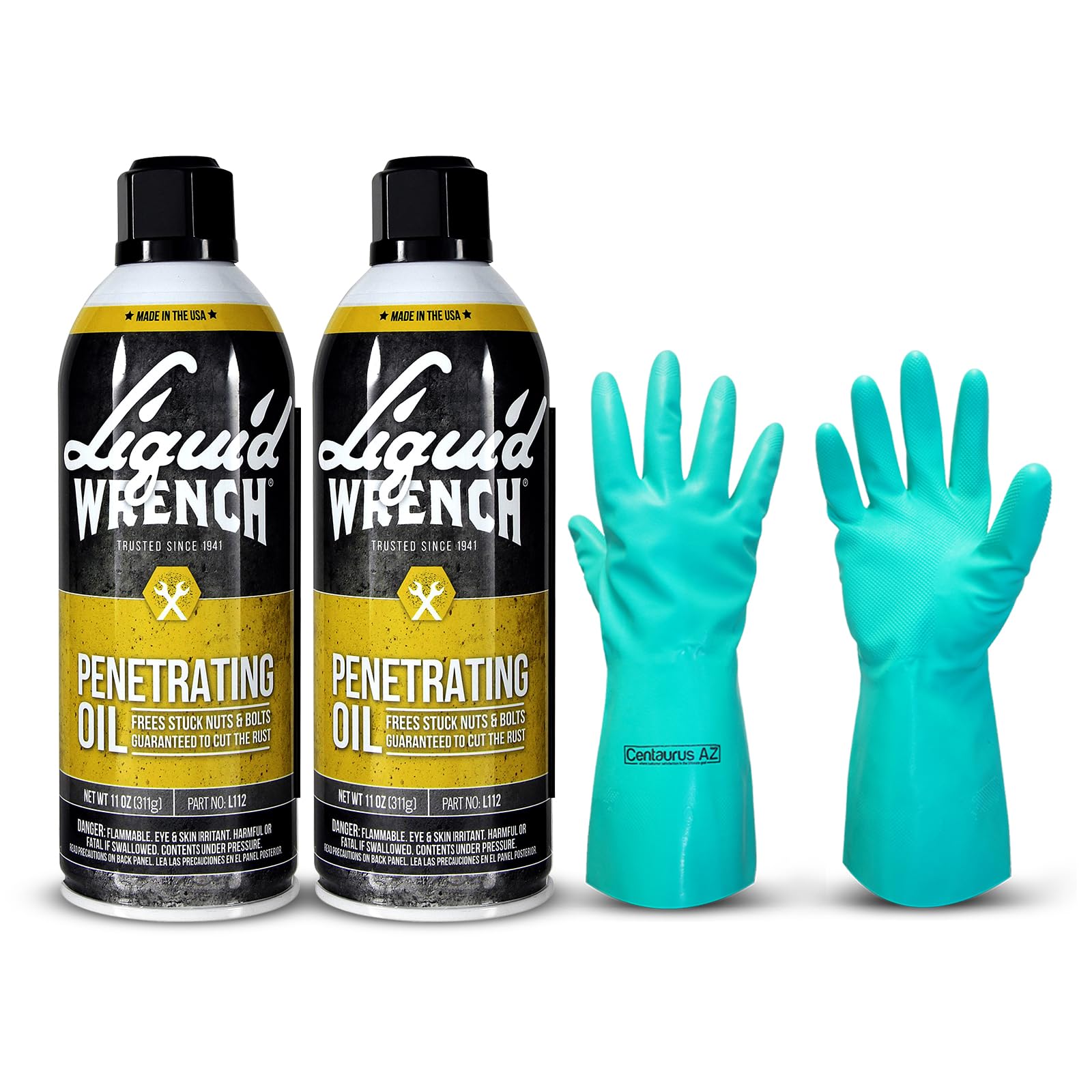 Gunk Liquid Wrench 12 oz. Aerosol- Powerful Penetrating Lubricant for Easy Maintenance- Rust Protection Spray for Metal- Rust Spray Remover-Available with Premium Quality Centaurus AZ Gloves- 2 Pack