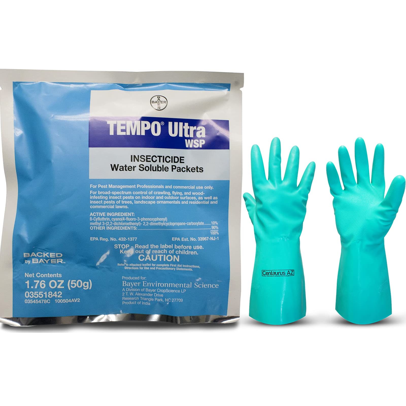 Tempo Ultra WSP Insecticide- Bayer Bed Bug Killer - Carpenter Bee Killer - Cockroach Killer Indoor Home - Insect Killer - Tempo Insecticide - Available with Premium Quality Centaurus AZ Gloves-50 G