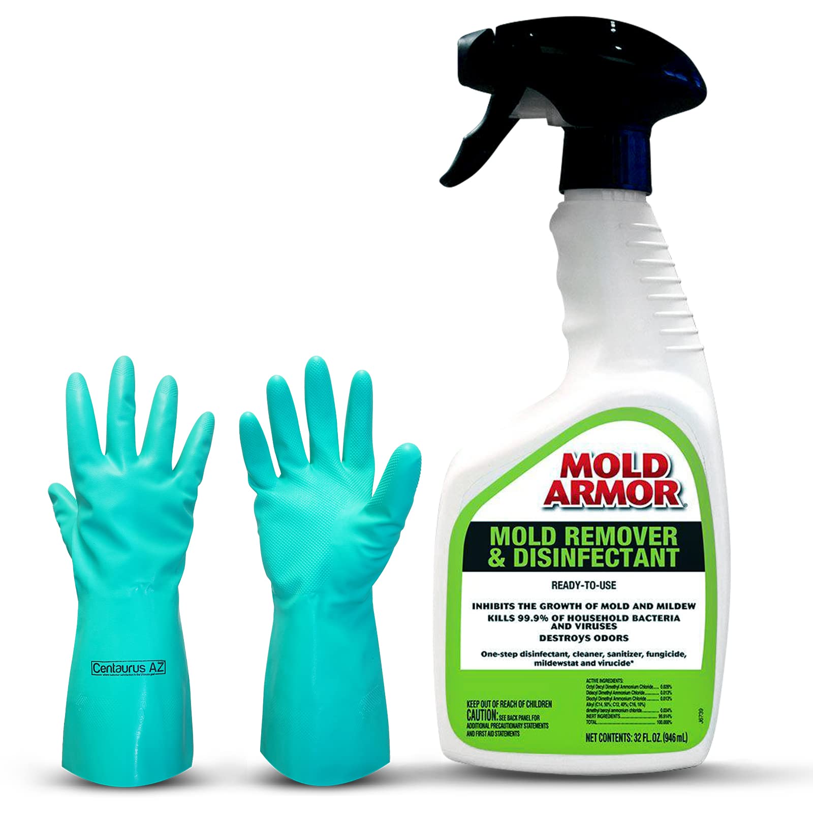 Mold Mildew Cleaner Odor Remover- Mold ArmorMold Remover& Disinfectant RTU 32oz. Trigger Sprayer Fungicide Mildewstat & Virucide with Protective Centaurus AZ Gloves