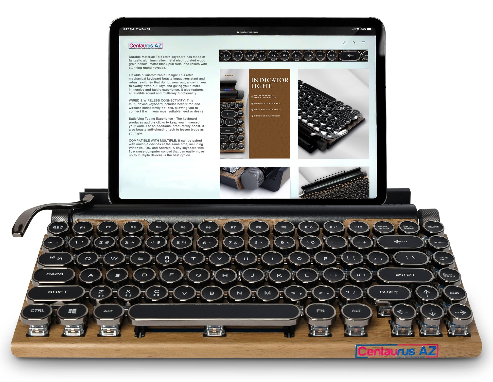 Vintage Typewriter Keyboard- Bluetooth keyboard-Compatible with Mac/Windows/Android/Linux-Multi-Pairing-Mechanical Switches to Improve Typing Experience-All Metal Structured with Wood Background