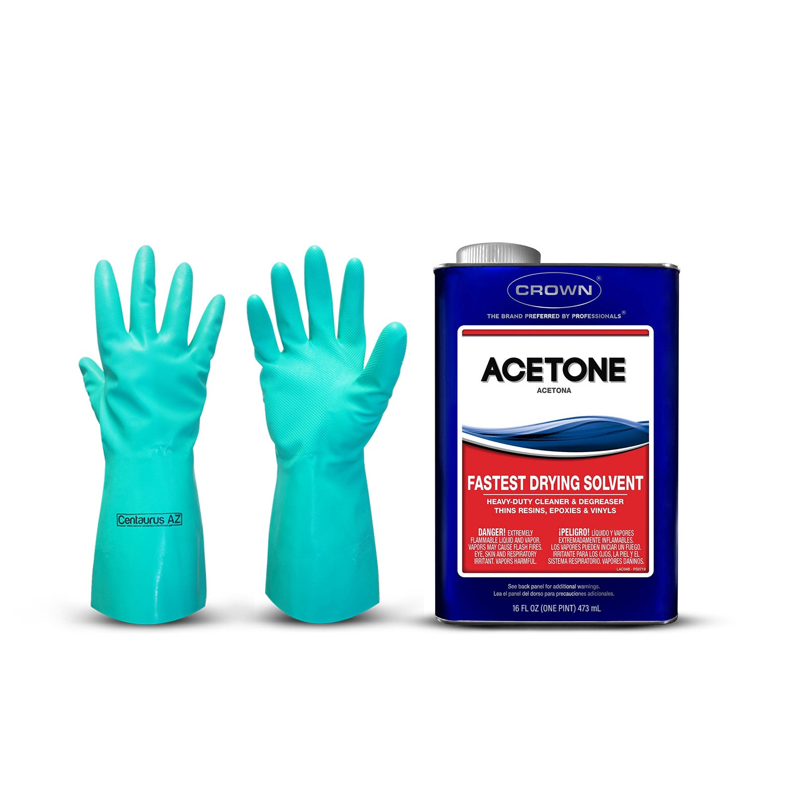 Fast-Acting Acetone Cleaner - Crown – 100% Acetone - 16 Oz - 100 Percent Pure Acetone for Cleaning, Thinning, and Degreasing - Adhesive Acetone Remover  - Available with Centaurus AZ Gloves