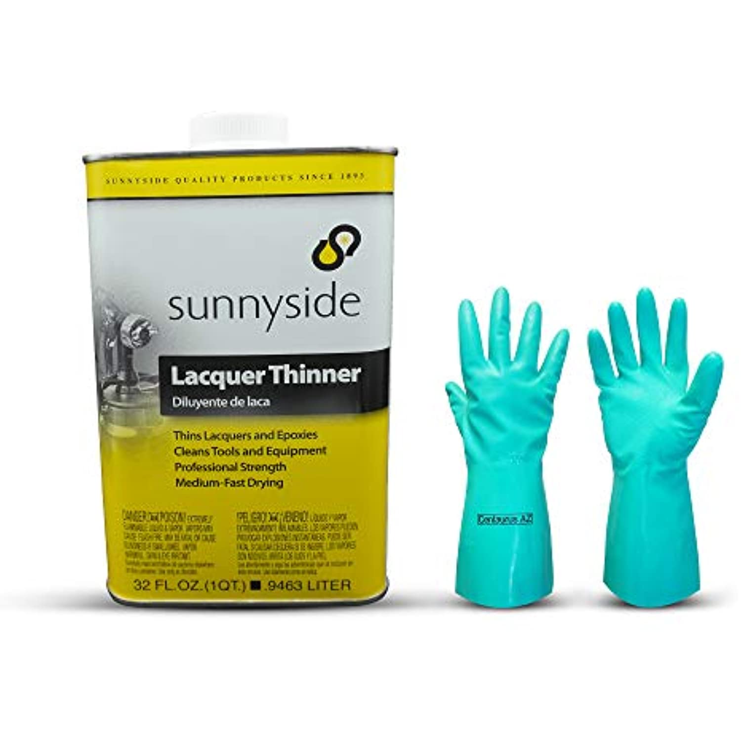 Sunnyside Lacquer Thinner 1 Quart with Centaurus AZ Resistant Glove Dissolves Resins Superior Cleaner Tools Machine Engines Removes Tar Strong Adhesives Shine Removal Grease Oil Flammable