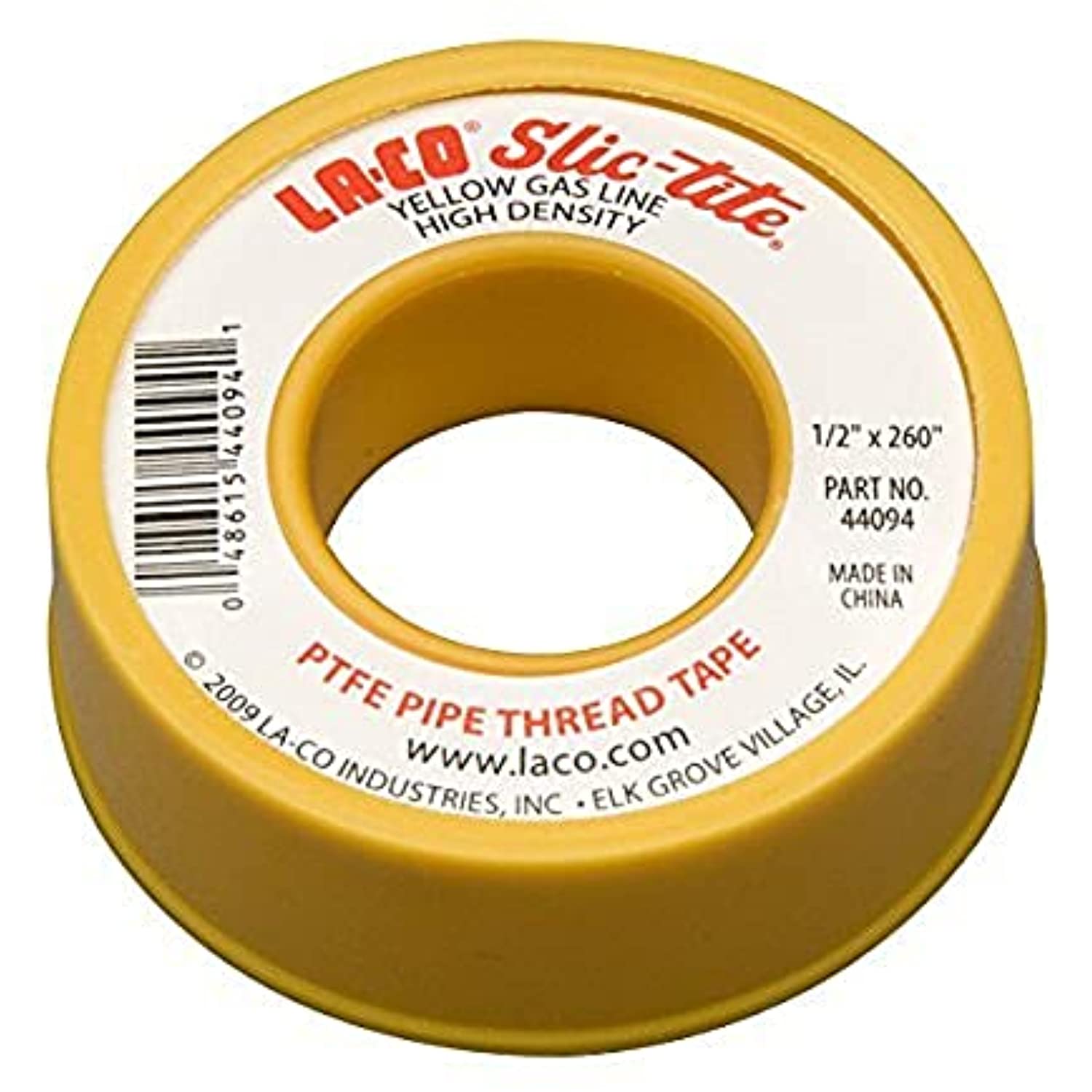 LA-CO 44094 Slic-Tite PTFE Gas Line Pipe Thread Tape, Premium Grade, [260" Length, 1/2" Wide], Yellow