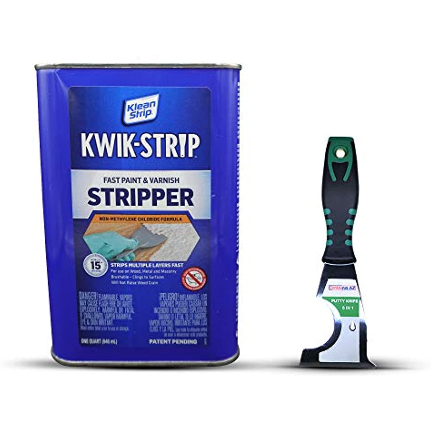 Klean Strip Kwik-Strip Paint & Varnish Stripper Non-Methylene Chloride Formula Fast-Acting Liquid Works 15-mins Strips Multiple Layers of Latex and Oil/Alkyd Plus Putty Knife by Centaurus AZ 1 Quart