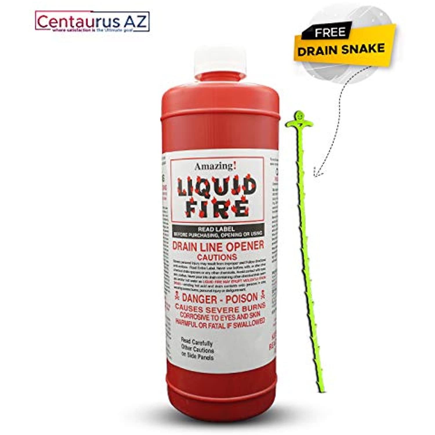 Liquid Fire Drain Opener 32 Ounce with Centaurus AZ Drain Snake for Commercial Use, Most Powerful, Effective and Works Faster, Clear Clogs from Sinks, Tubs, Shower Stalls, Septic Tanks and Laterals