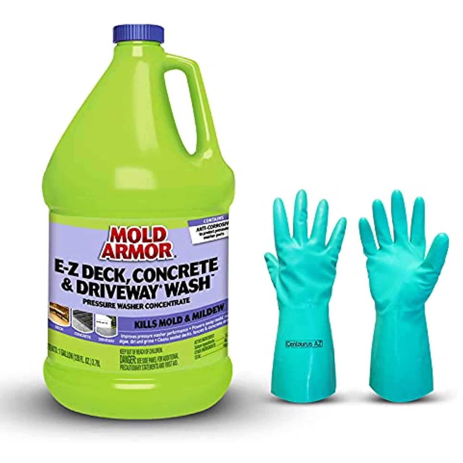 Concentrated Outdoor Mold Mildew Remover - E-Z Deck, Concrete & Driveway Pressure Washer Concentrate 1 Gal, Enhance Pressure Washer Performance, Centaurus AZ Gloves for Your Safety