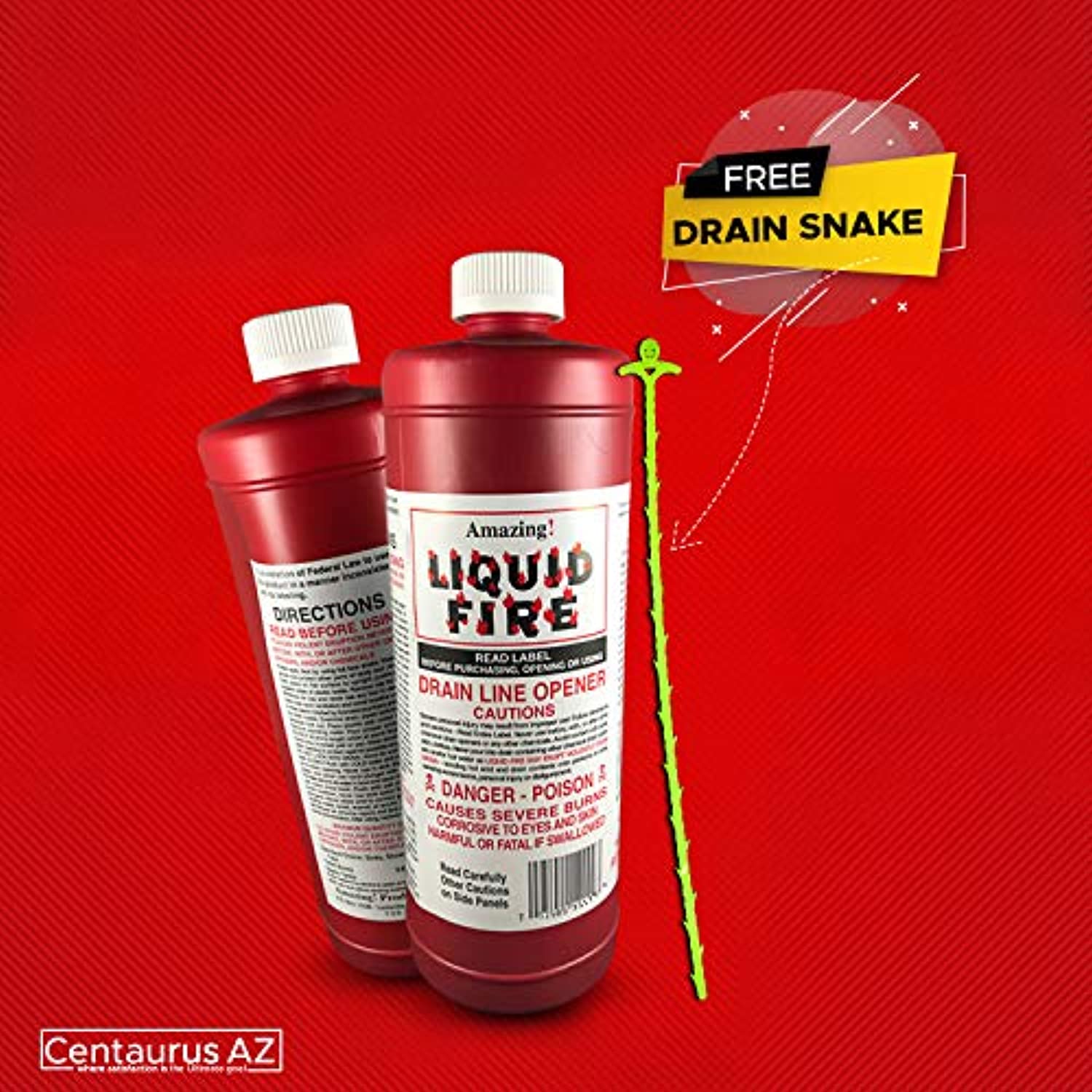 Liquid Fire Drain Opener, Cleans Drain Pipes in Sinks, Tubs, Shower Stalls, Septic Tanks and Laterals- Clog Remover, Drain Cleaner, Toilet Clog Remover- 16 oz with Centaurus AZ Drain Snake