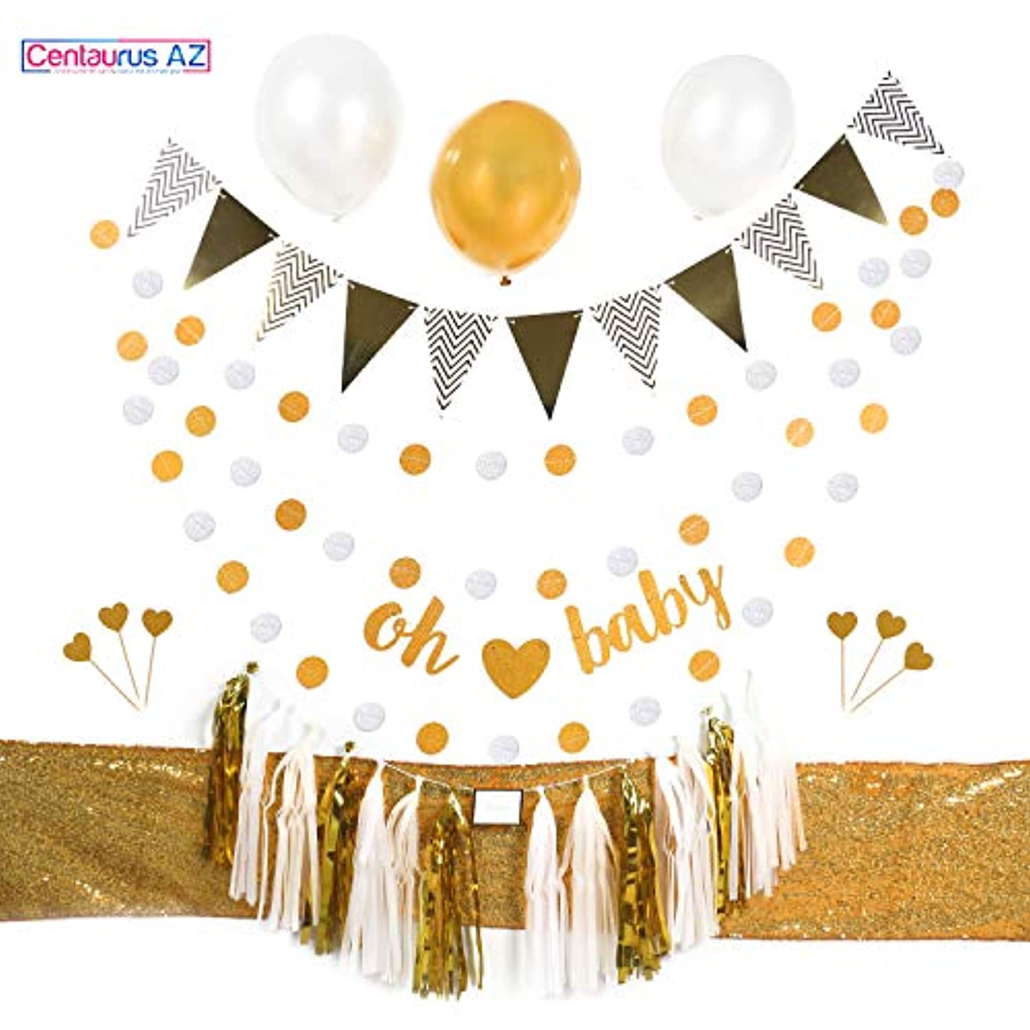 Baby Shower Decorations 43 Pieces, Gender Reveal Decorations, Girl & Boy Baby Shower, Party Supplies- Gender Neutral- Banner, Tassel, Gold Glitter, Paper Tissue Decorations