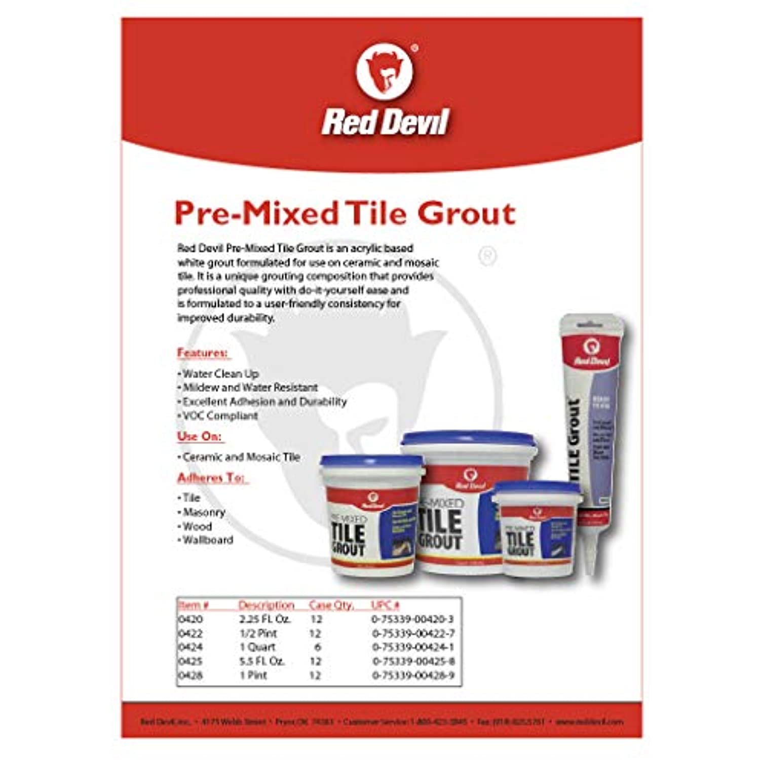 Red Devil 0428 Pre-Mixed Tile Grout, 1 Pint, White