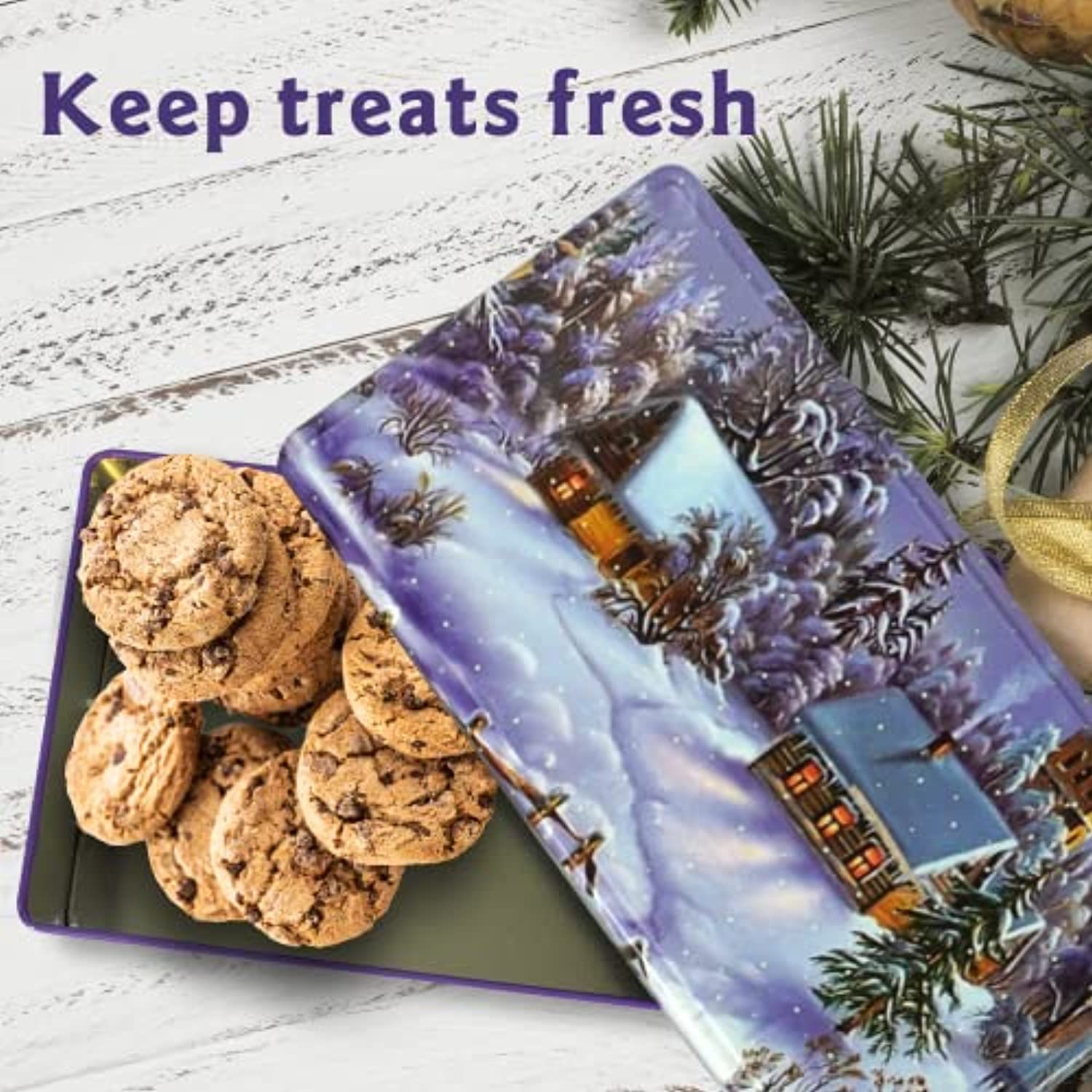 Crave Island Festive Tin Box - Metal Christmas Tins with Lids for Food Candy, Cake, Cookies, Cards - Container with Decorative Winter Holiday Design - Supplies for Gift Giving, Storage, Decoration